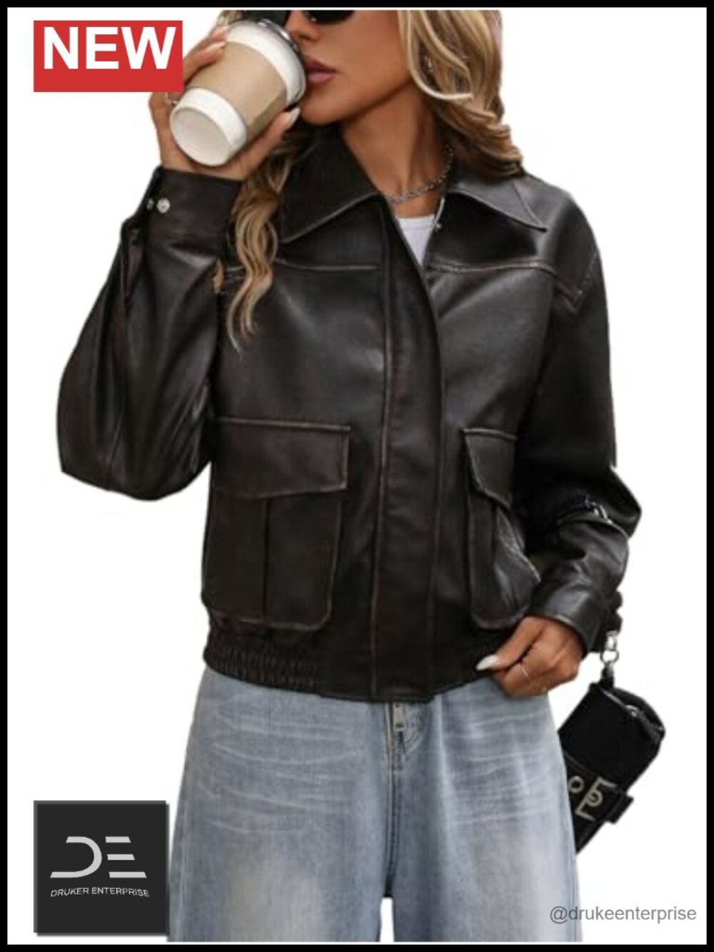 Faux Leather Bomber Jacket Distressed Button Front Aviator Biker Coat
